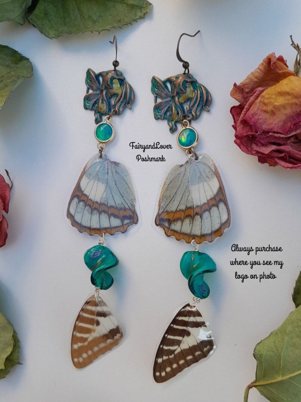 Fairy Lampwork real butterfly wing earrings, fairy costume accessory gifts